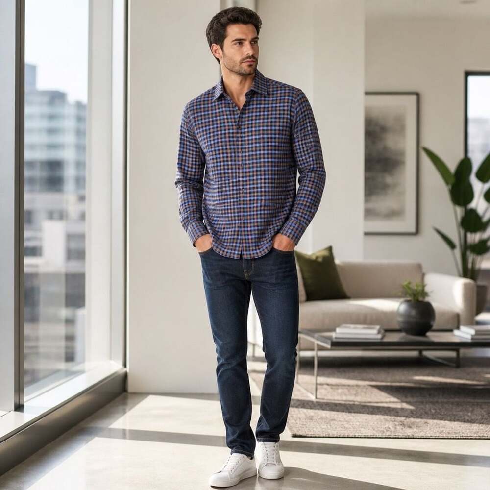 Luciano Visconti Mens Long Sleeve Plaid Button Up Shirt Blue Brown Size L